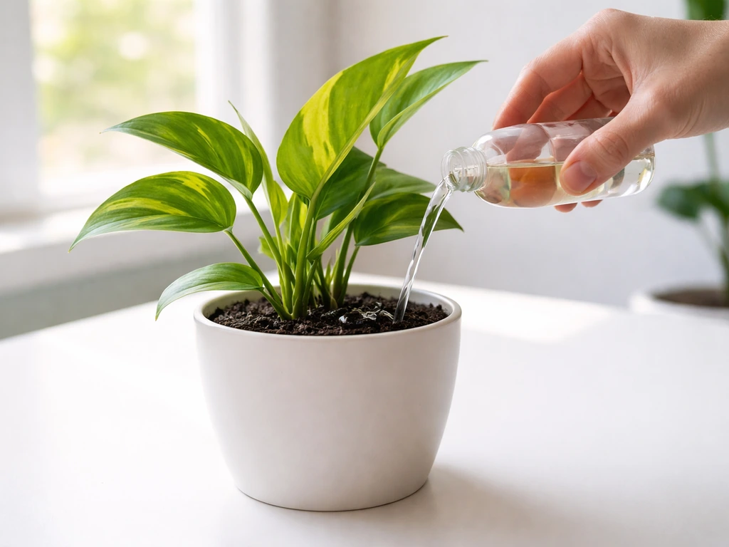Hand pouring half-strength liquid fertilizer into the soil of a potted office plant near a window.