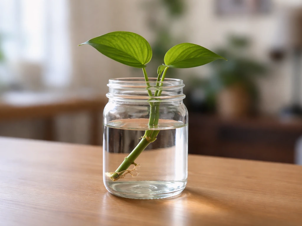 A glass of water with a pothos/philodendron cutting, node submerged on a wooden desk.