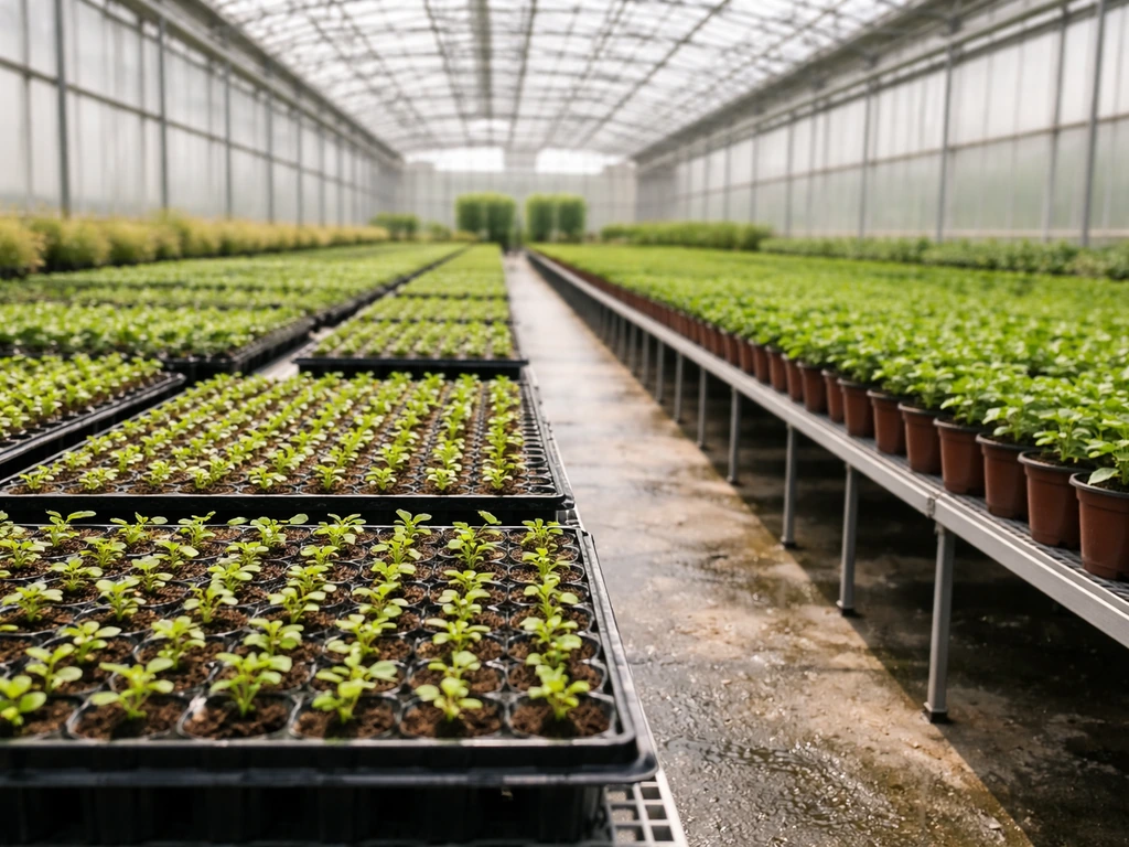 Commercial nursery greenhouse aisle with propagation trays and young potted plants on benches.