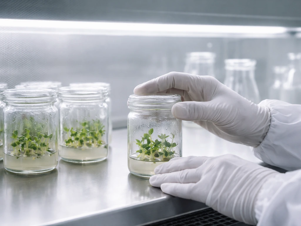 Gloved hands in a laminar-flow hood adjusting sterile plantlets in agar culture vessels.