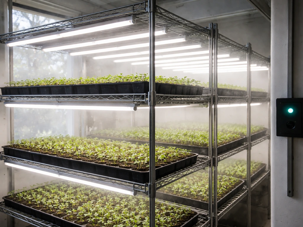 Greenhouse propagation racks under grow lights with a small dimming control device nearby