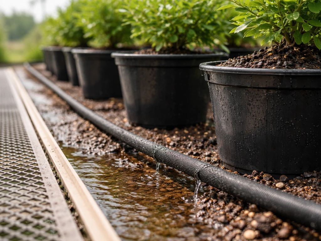 Nursery container plants being watered with soaker lines; wet pots and visible drainage runoff.