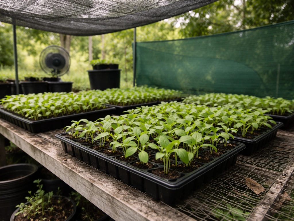 Shaded bench with trays of young seedlings being gradually exposed to outdoor conditions with a fan.