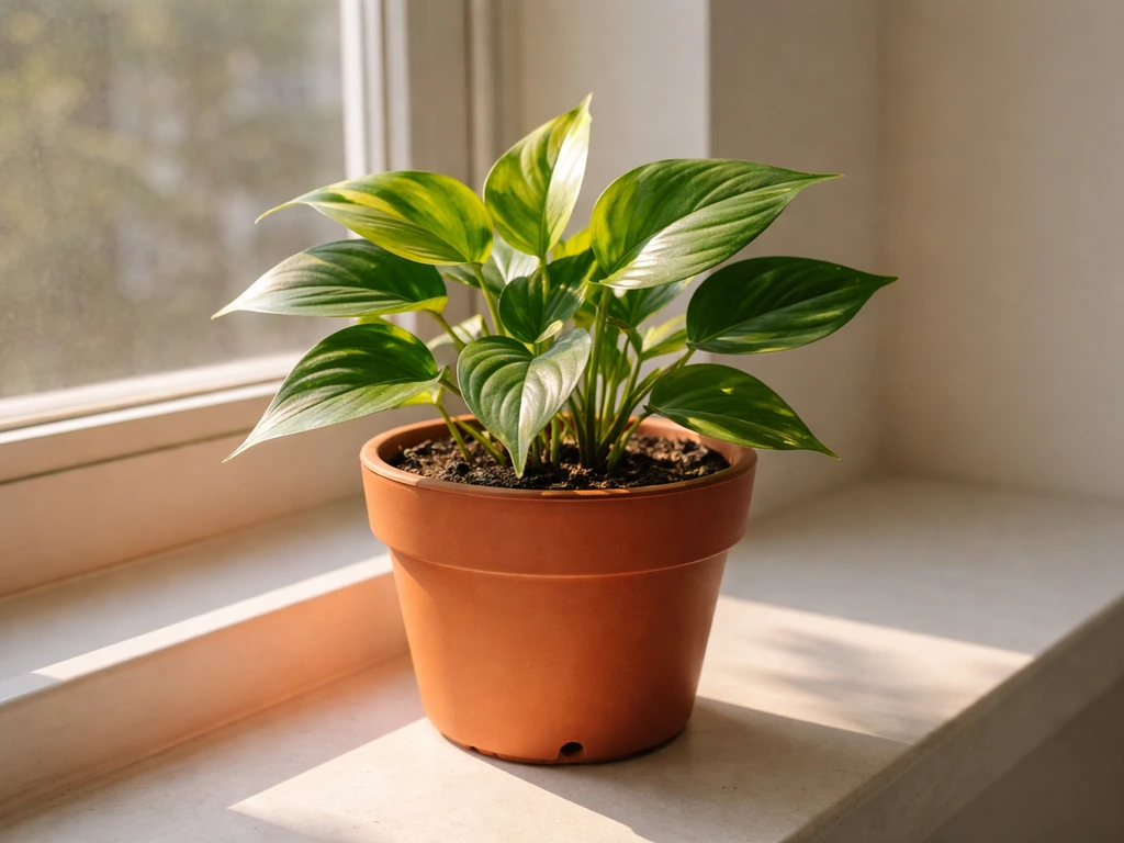 Indoor plant on a windowsill with sunbeam showing light direction from a south-facing window.