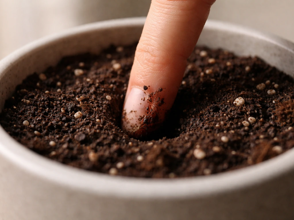 Bare finger inserted 2–3 inches into dark potting mix to check soil moisture.