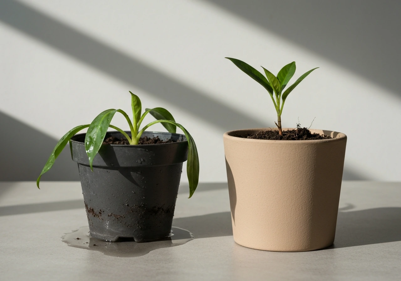Two matching potted plants: left soggy and drooping from overwatering, right dry with upright leaves.