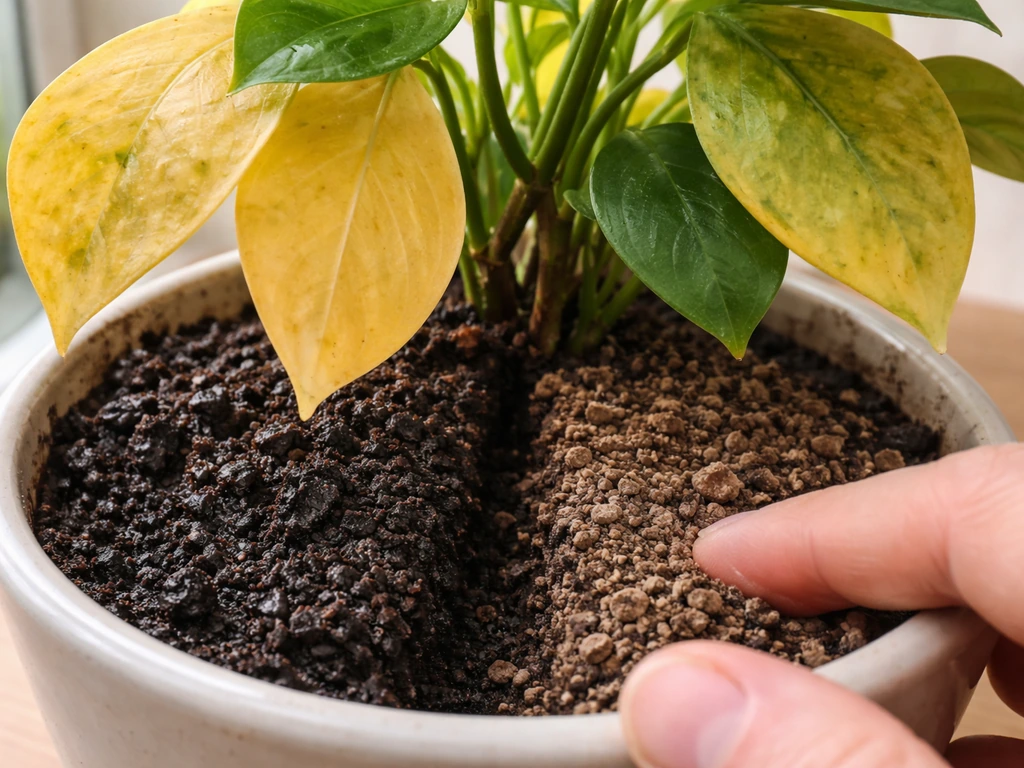 Yellowing plant leaves with close-up soil showing soggy dark wetness beside properly moist crumbly soil.