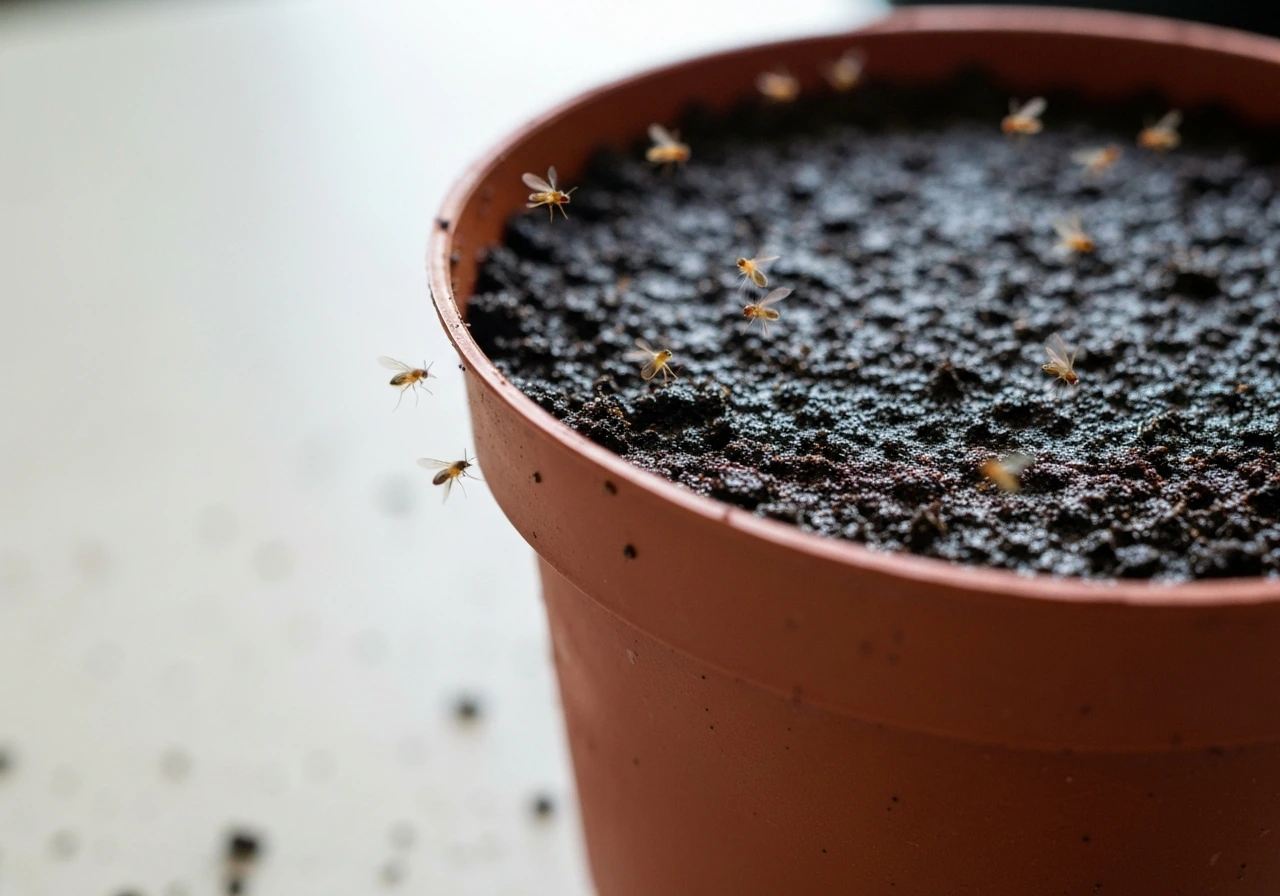 Tiny fungus gnats hovering near moist potting soil in a small plant pot, soil surface in focus