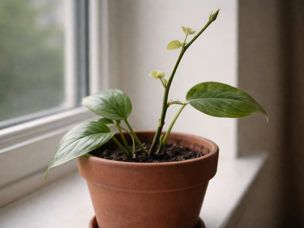 Close-up of a potted houseplant showing small, pale new leaves and leggy stems by a sunny window.