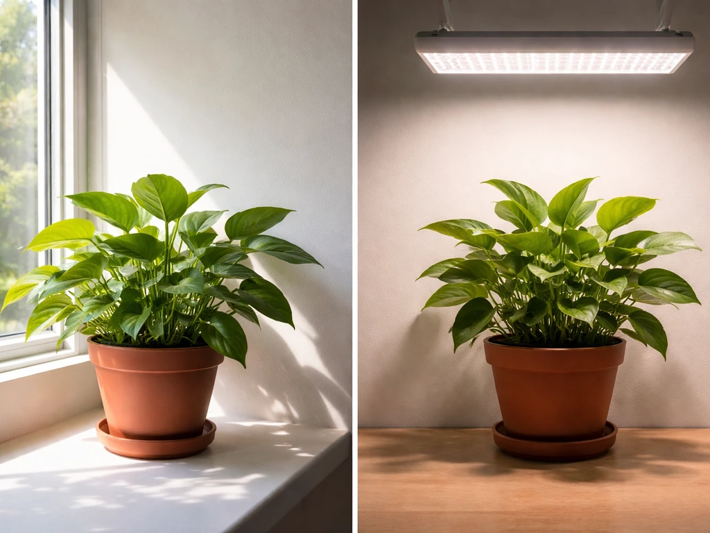 Side-by-side plants: one leaning toward a sunny window, the other compact under a full-spectrum LED grow light.