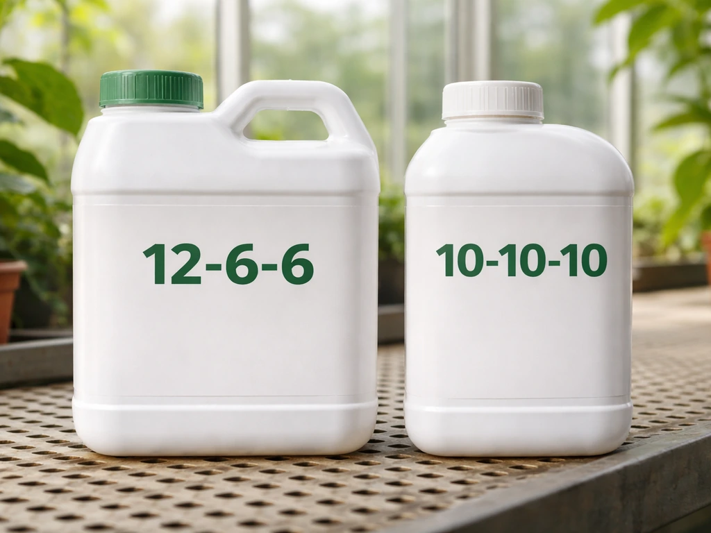Two fertilizer containers on a greenhouse bench showing nitrogen-first vs balanced ratios for leaf growth.