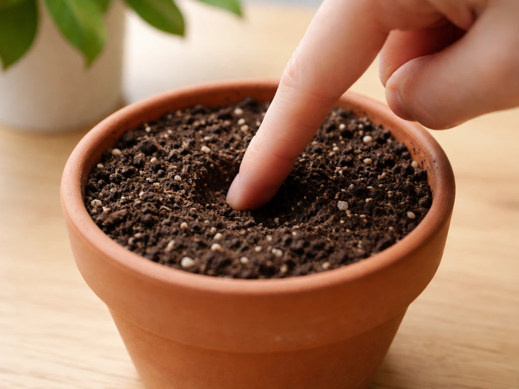 Anonymous hand checking potting soil dryness by inserting a finger into the top inch.