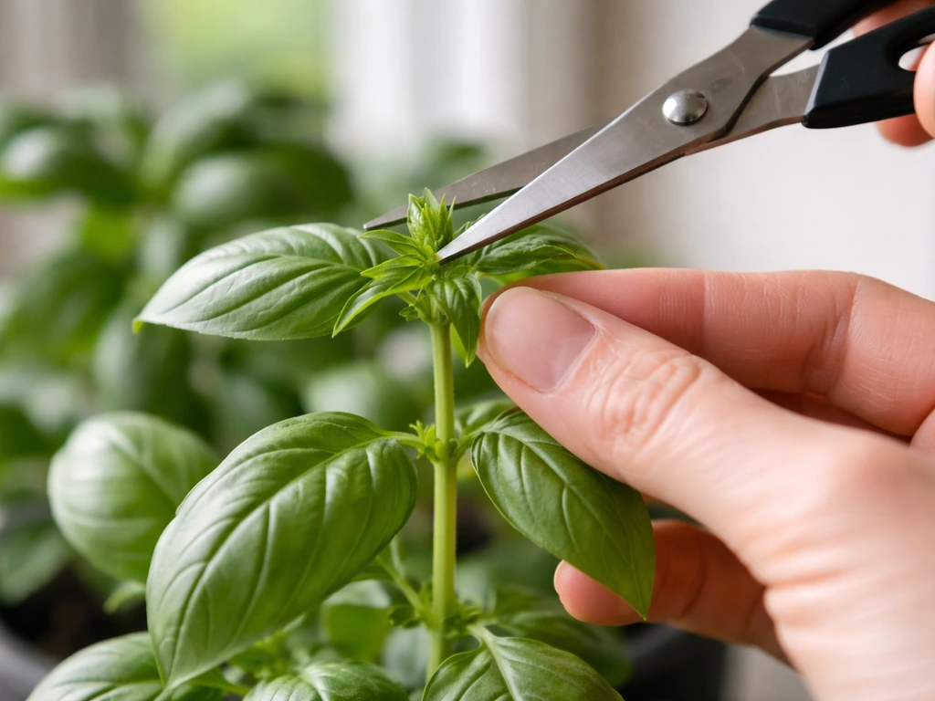 Close-up of clean scissors pinching the top of a basil plant to encourage branching.