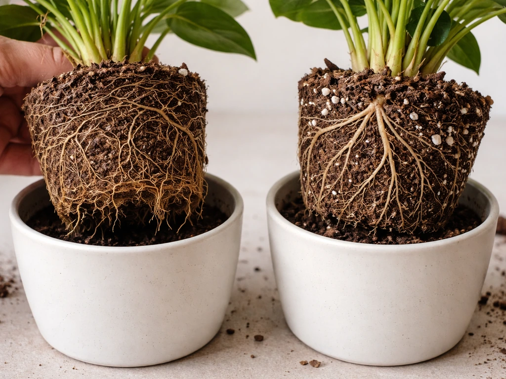 Close-up of two potted plants during repotting: rootbound roots circling one pot, healthy roots in another.