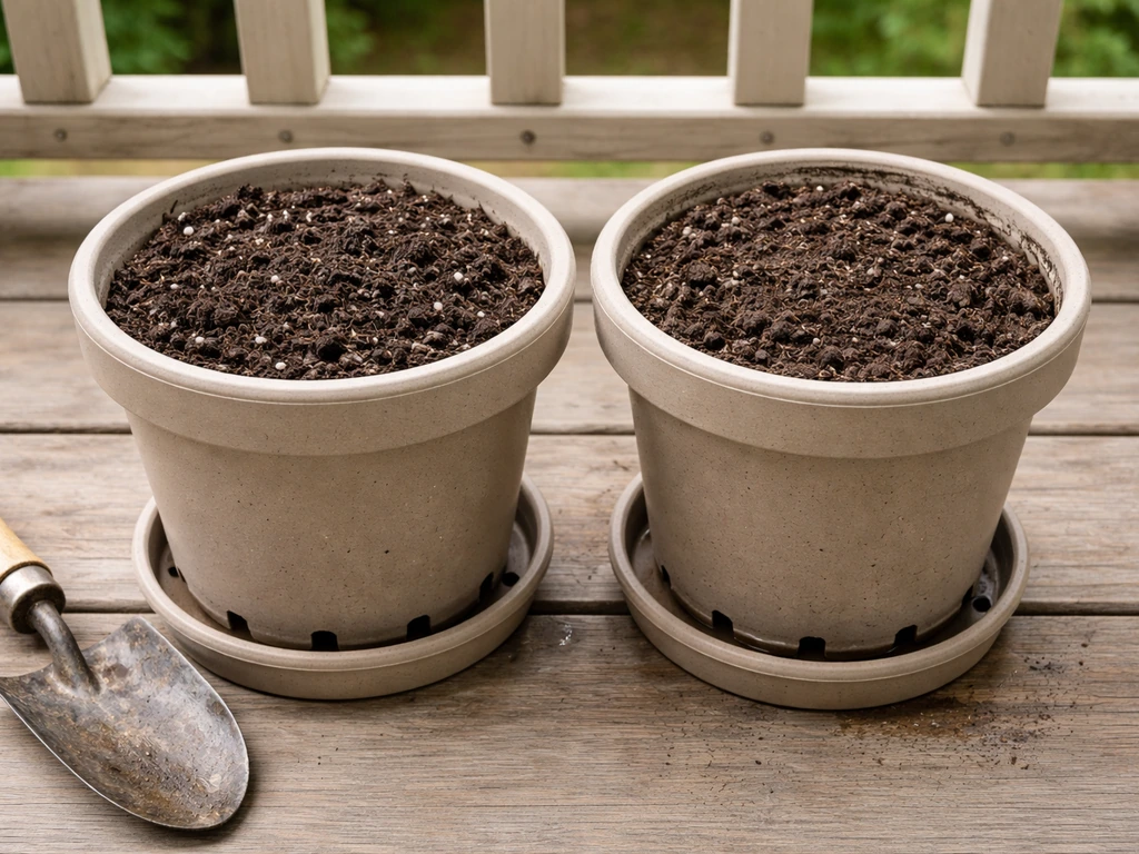Two small containers on a porch: one with fluffy potting mix and drainage holes, one with compacted garden soil.