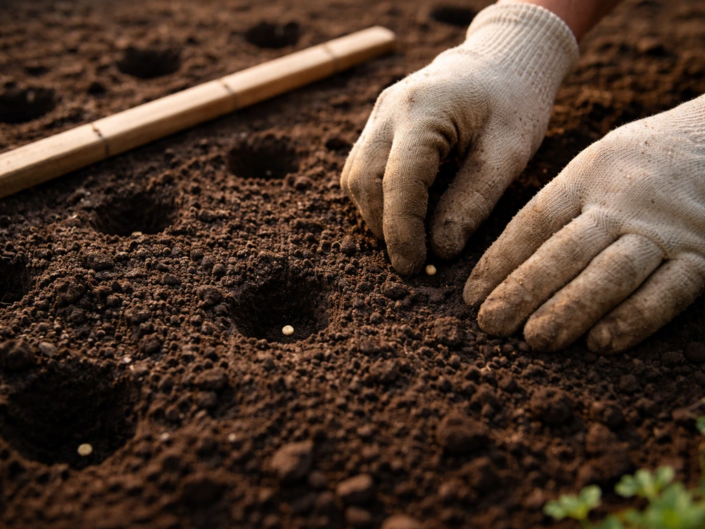 Gloved hands planting seeds in evenly spaced soil holes with a depth gauge tool nearby.