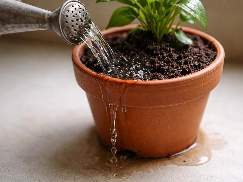 Closeup of a watering can pouring water into a potted plant soil until it drains from the bottom.