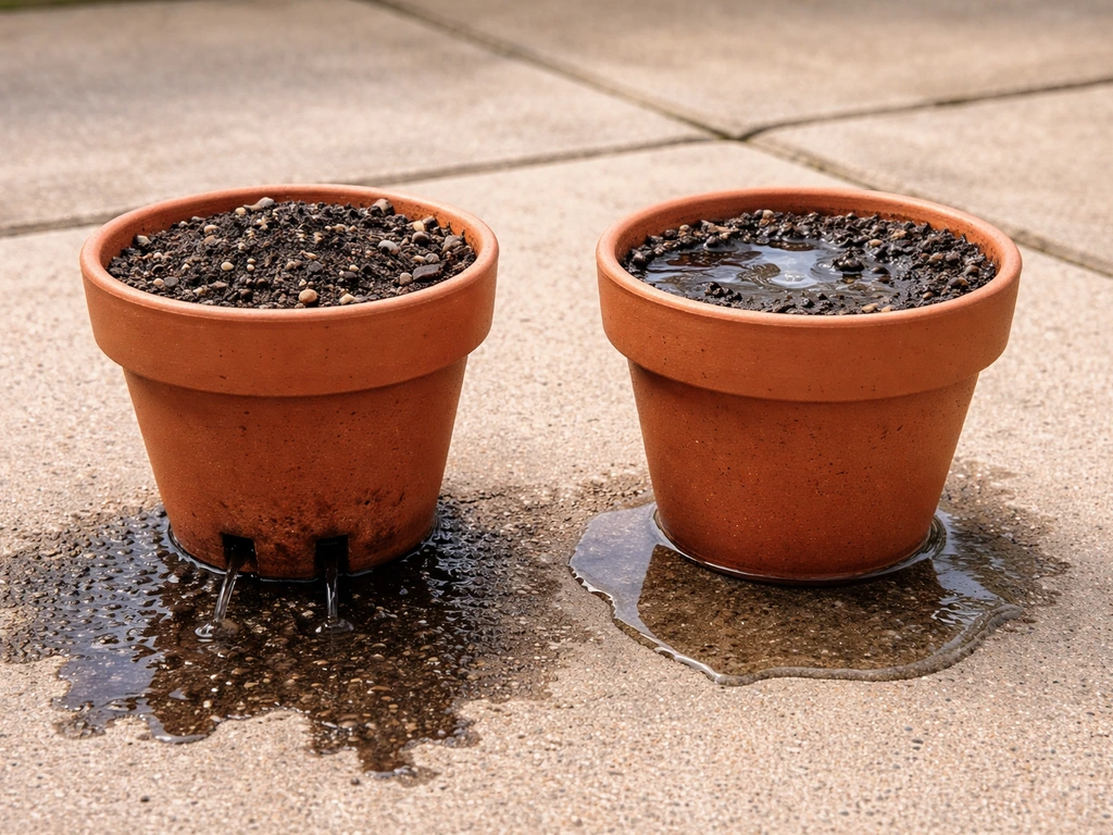 Two small potted plants showing runoff from drainage holes versus water pooling in compacted soil
