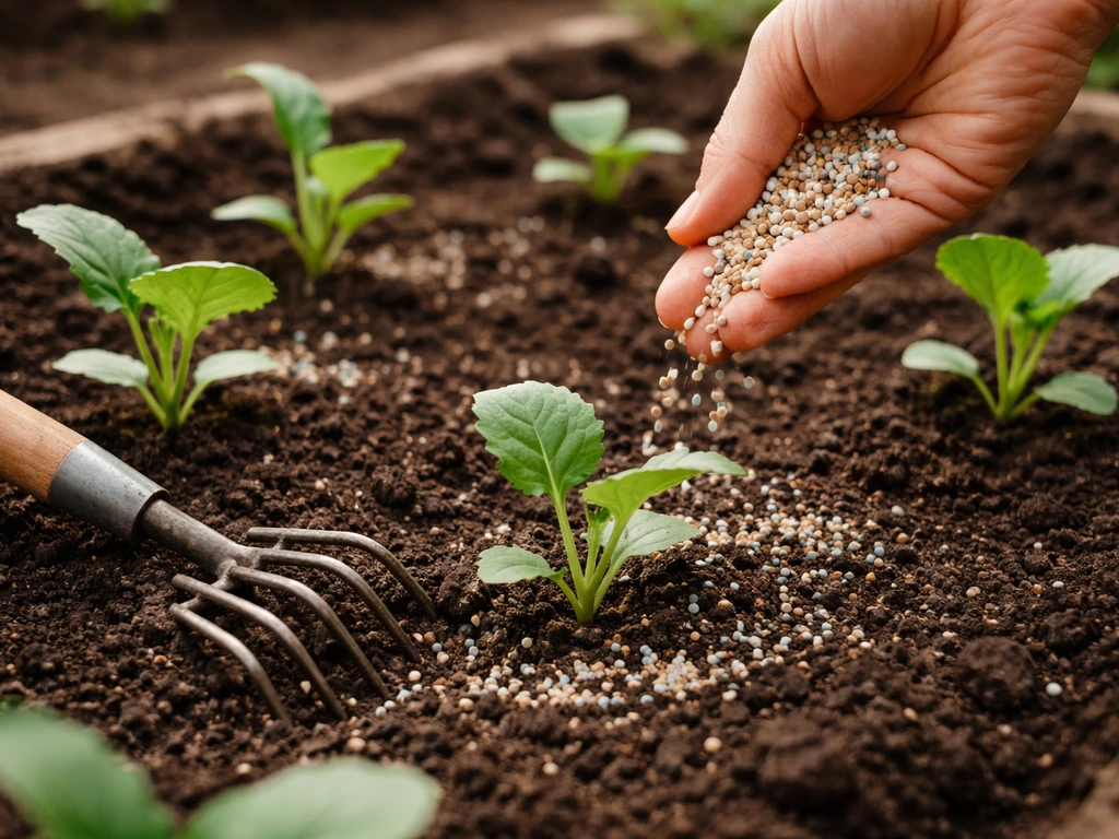 Hand sprinkling slow-release fertilizer granules into a garden bed before/after planting, soil lightly raked.