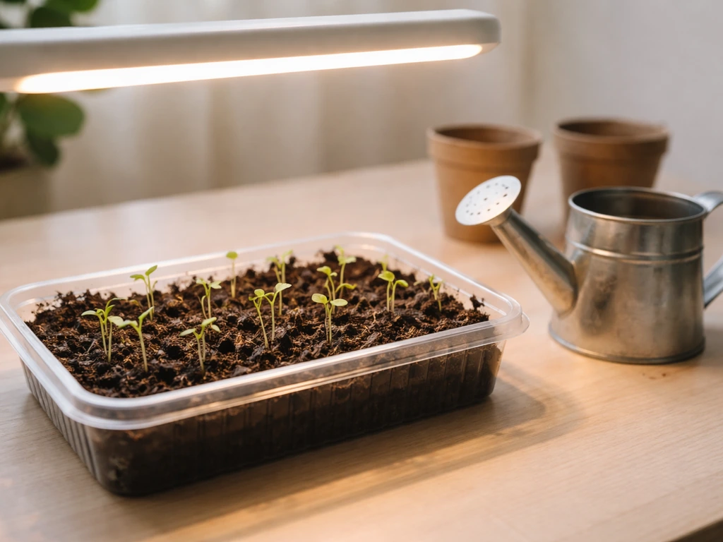 Beginners’ plant setup: germinating seedlings in a tray under a grow light with a small watering can