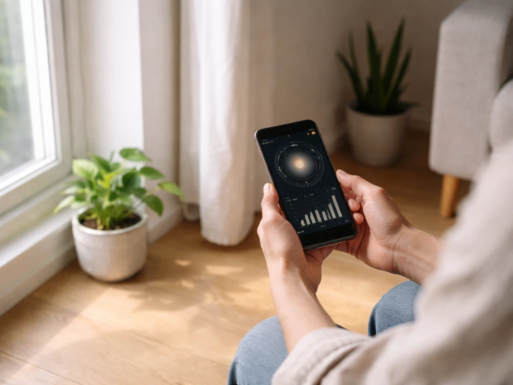 Hands using a phone light meter while placing two small plants in bright and dim spots in a living room.