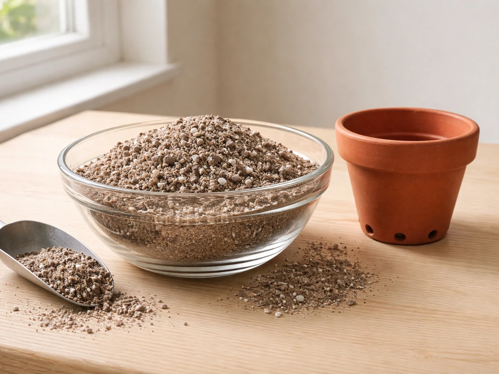 Close-up of soilless potting mix texture with a small pot showing drainage holes and loose potting setup.