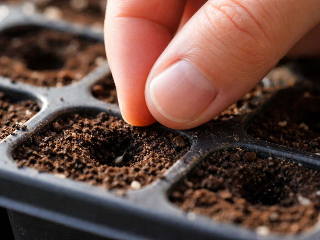 Hand placing a tiny basil seed into a seed tray at about twice its width depth.