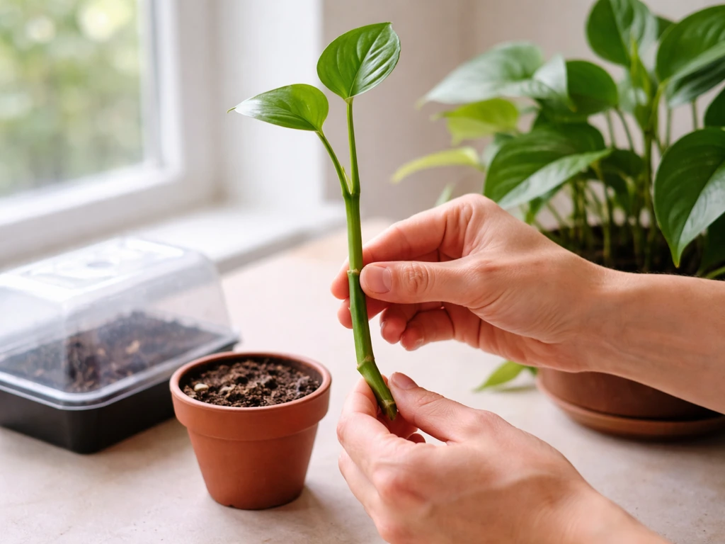Gardener’s hands trimming a stem cutting near a pot of moist soil, ready for rooting.