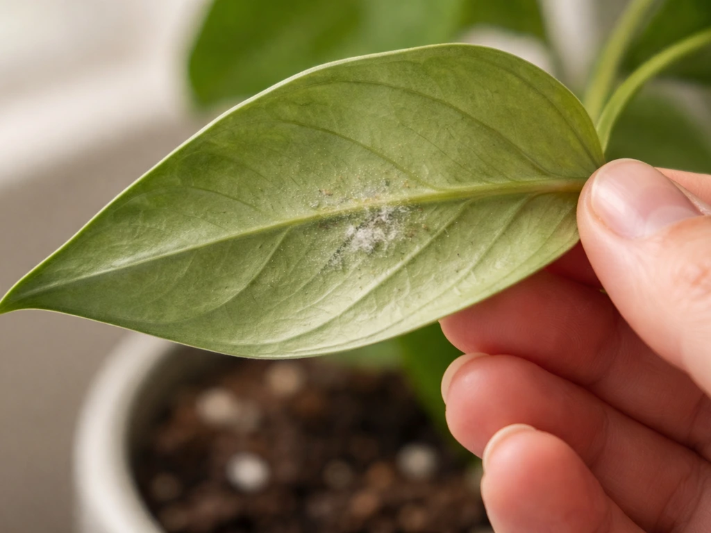 Close-up of a houseplant leaf underside as a hand gently flips it to check for early pest signs.