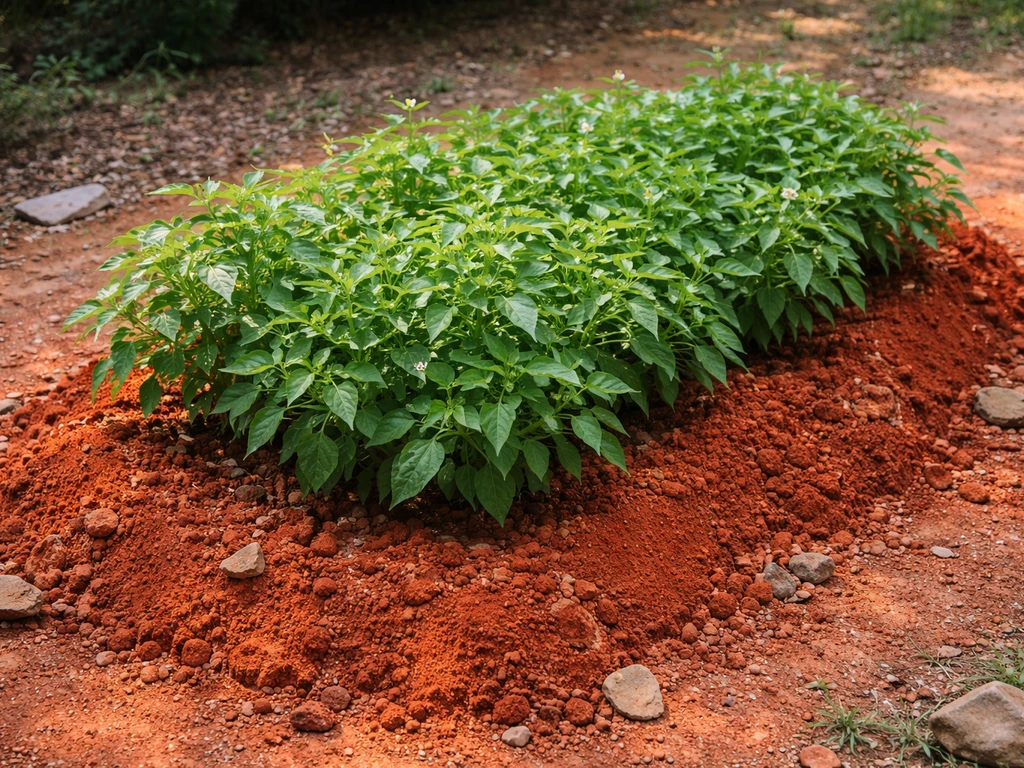 Healthy green plants growing in clearly reddish soil in a vibrant garden bed.