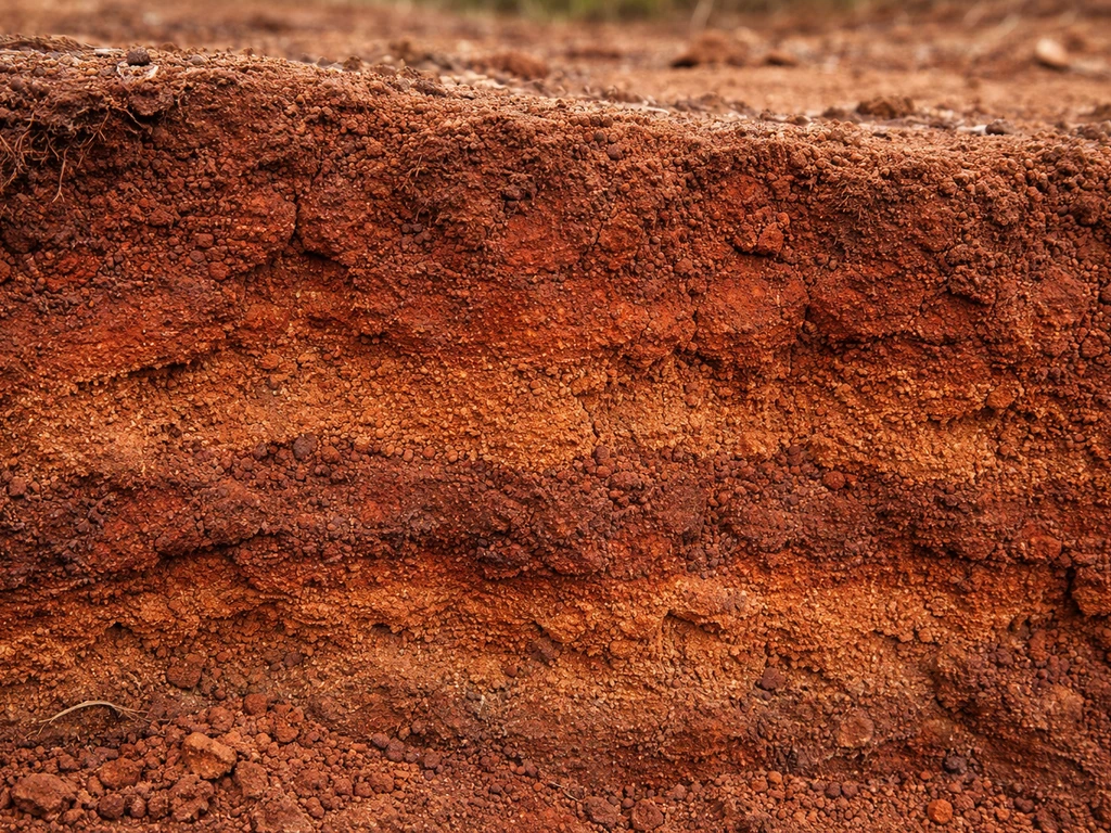 Close-up cross-section of red iron-oxide soil showing reddish layers and textured mineral grains.