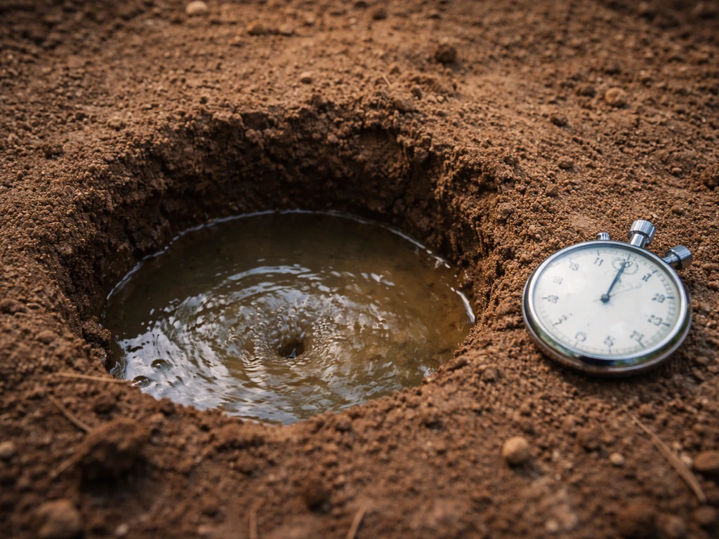Hand with stopwatch beside a small hole filled with water, showing how fast it drains.
