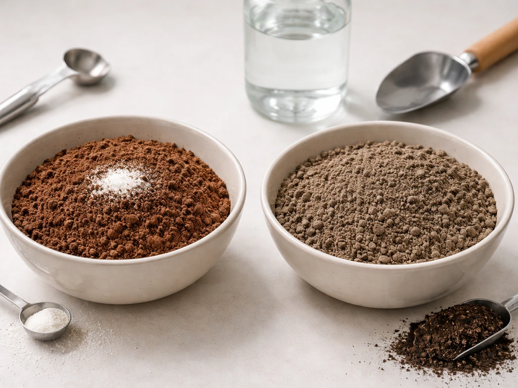 Two bowls of reddish soil showing staged lime and compost amendments with tools on a clean surface.