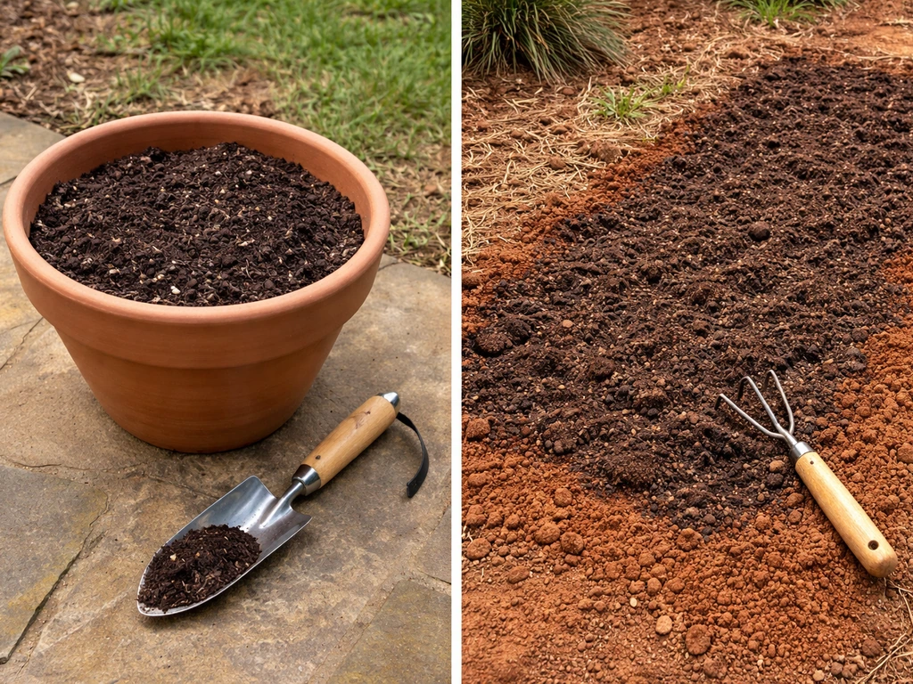 Prepared potting mix in a container beside an in-ground bed, avoiding raw red soil in pots.
