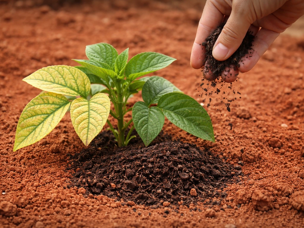Close-up of yellow chlorotic leaves beside healthy green leaves on plants in red soil after amendment