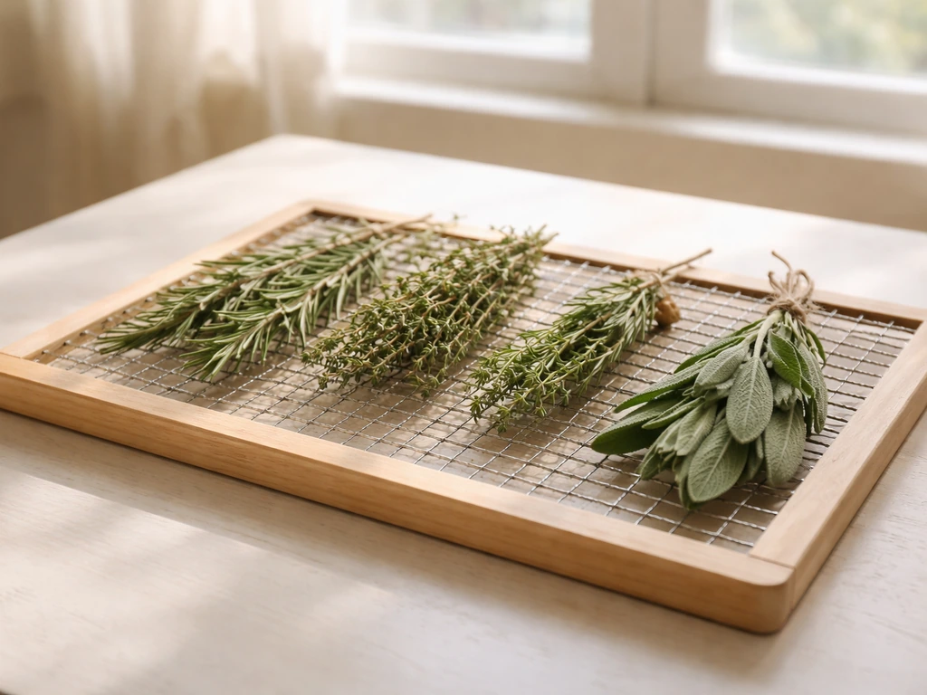 A small bundle of low-moisture herbs laid on a clean rack to dry in natural light.