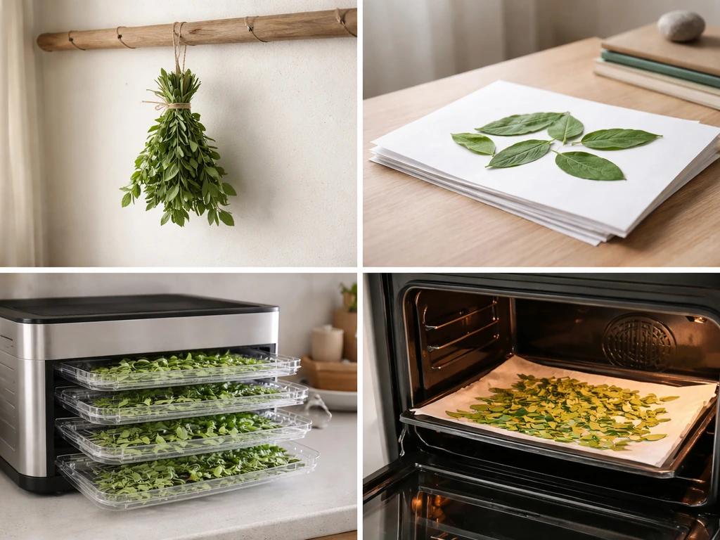 Four-panel grid showing air drying bundles, pressed leaves on paper, dehydrator trays, and oven trays.