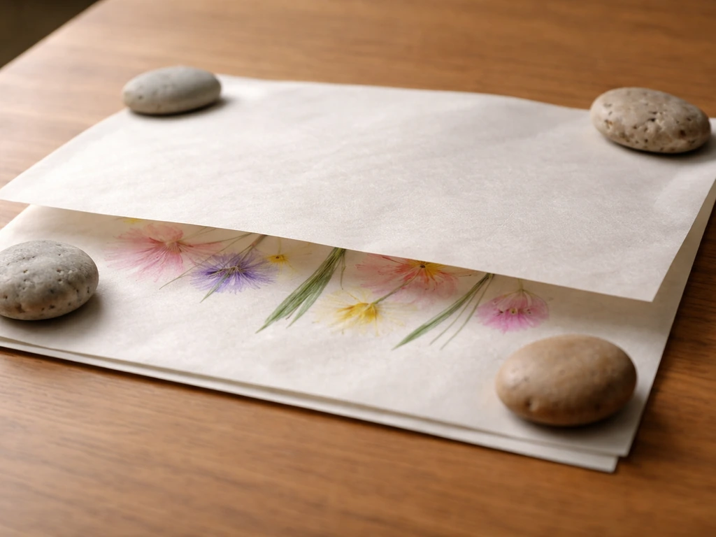 Pressed flower petals and leaves laid on absorbent paper under a second sheet with light weights.