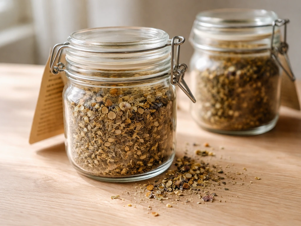 Close-up of dried herbs in airtight glass jars with a visible crumbly texture ready for storage