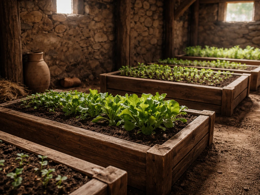 Rugged fantasy base interior with wooden planters and growing green crops, with water jug nearby.