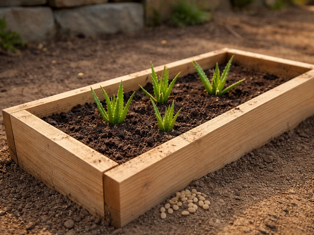 Close view of a simple planter with aloe sprouts and a few aloe seeds on early-game soil.