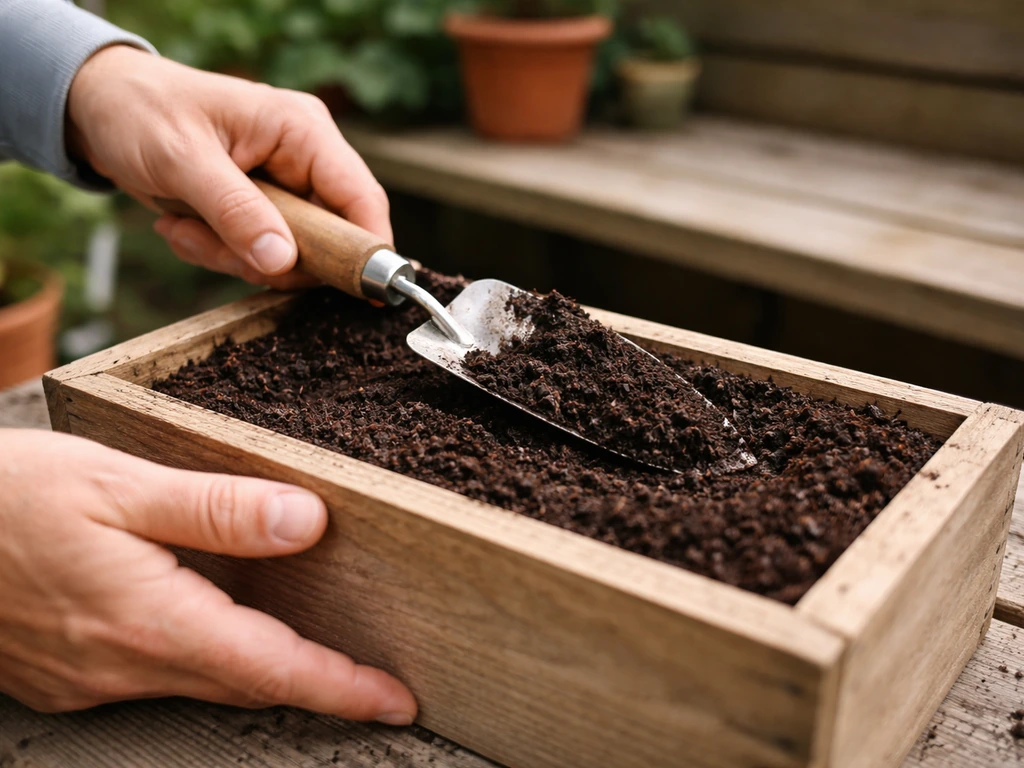 Hands using a trowel to fill a small planter with dark compost, leveling the growing medium.
