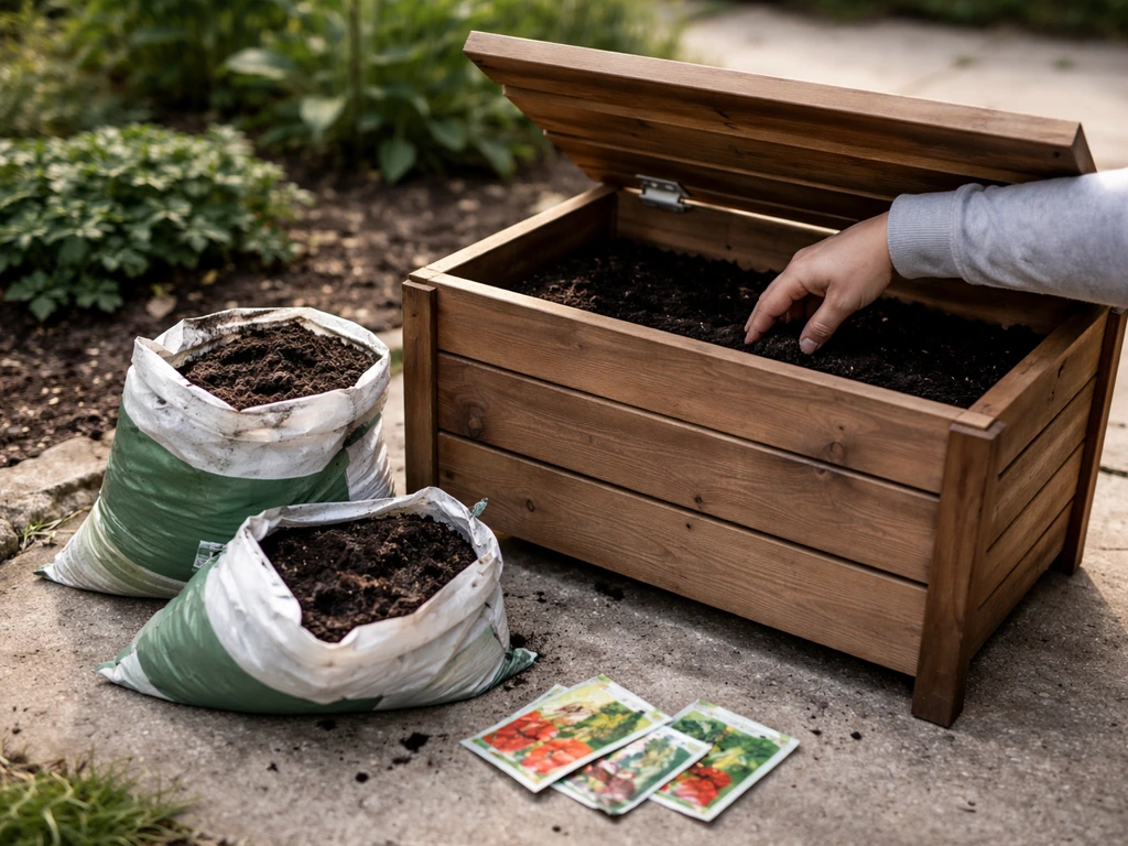 Garden planter on a patio with open compost bags and a hand checking empty compost inventory