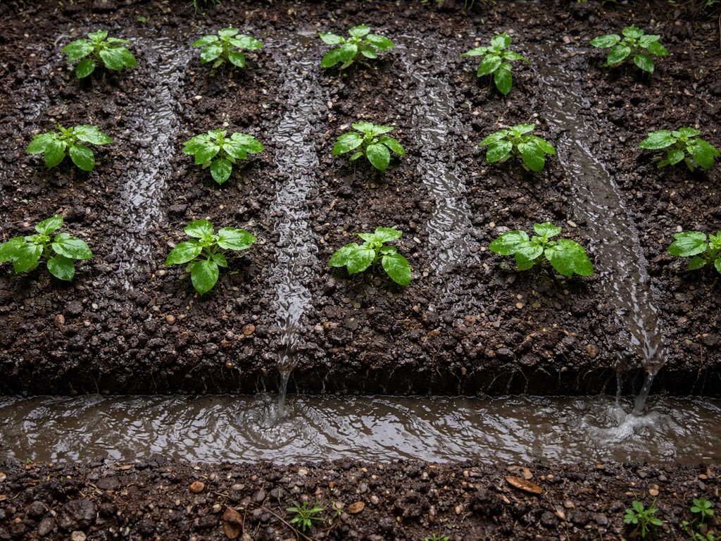 Overhead view of rain-soaked garden bed with water streaming toward a drainage edge