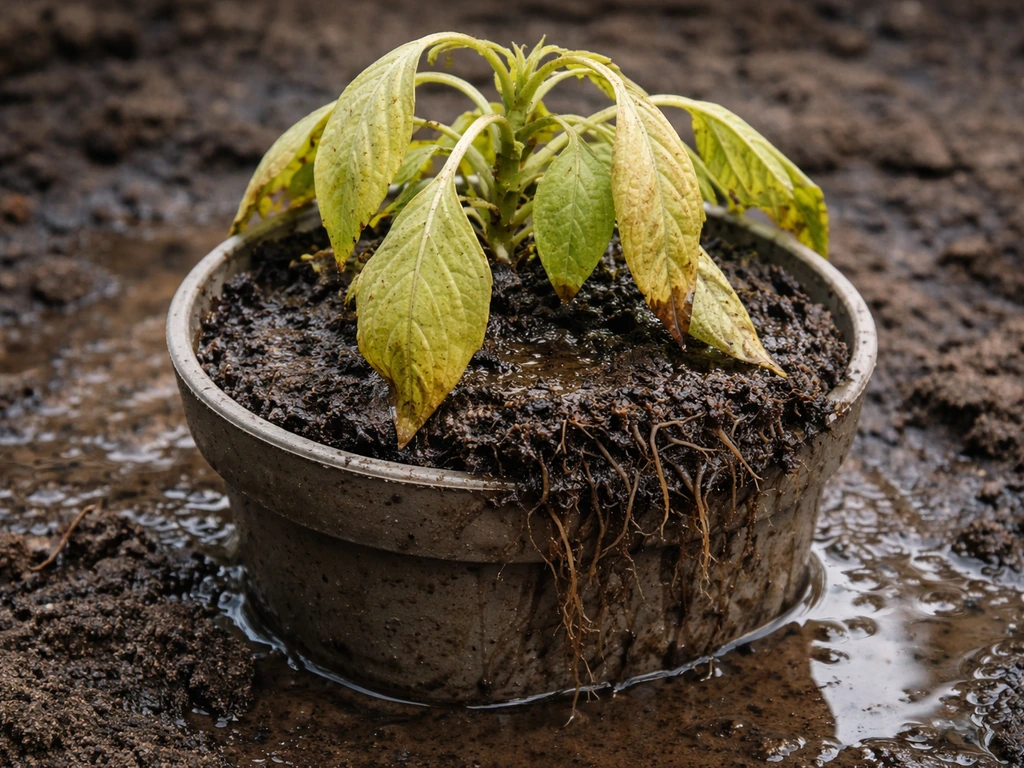 A potted plant with yellow leaves above visibly waterlogged soil and saturated roots