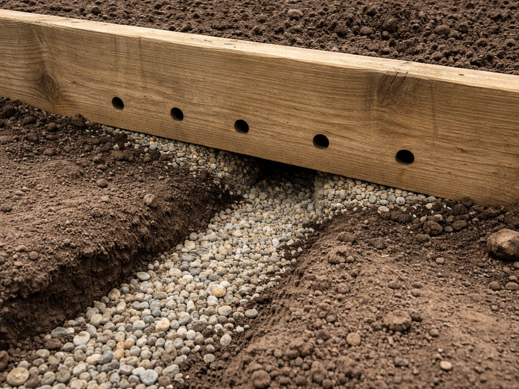 Close-up of a raised garden bed edge with drainage holes and gravel layer guiding runoff away.
