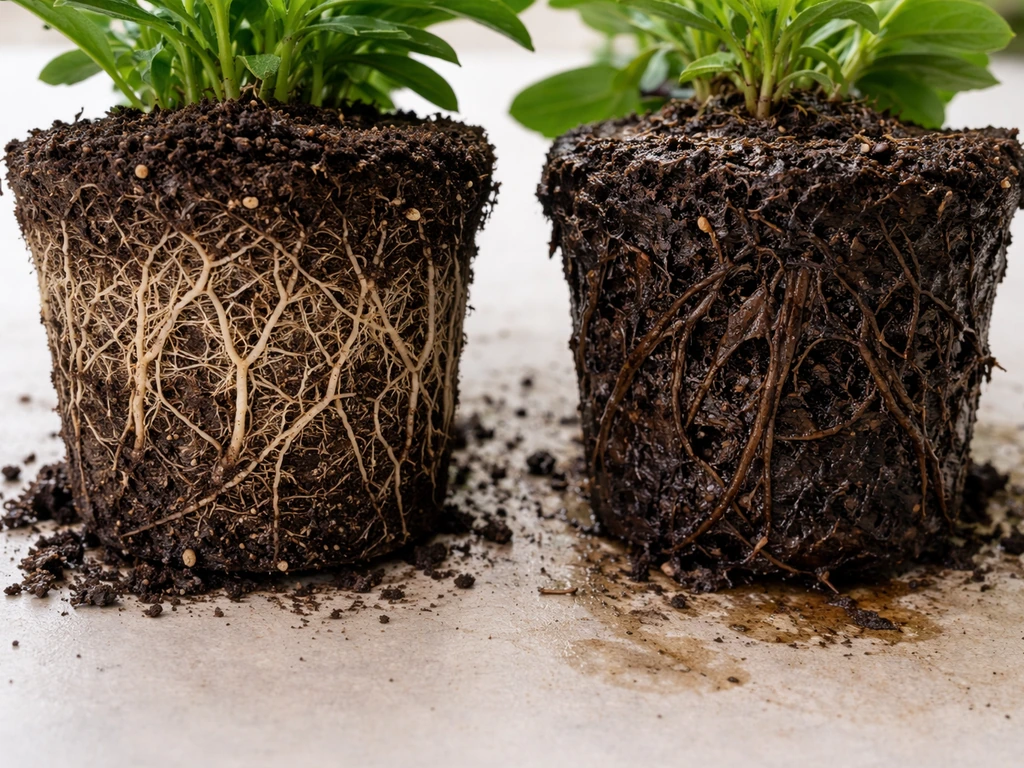 Two potted plant root systems side-by-side: healthy light roots versus dark mushy rotted roots.