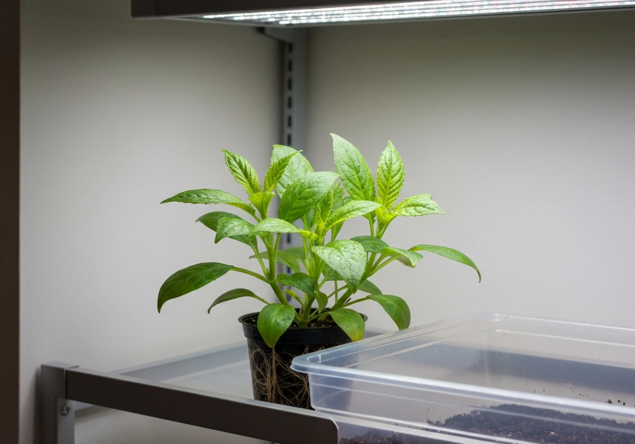Healthy indoor plants thriving under grow lights, showing strong leaves and soil with visible setup.