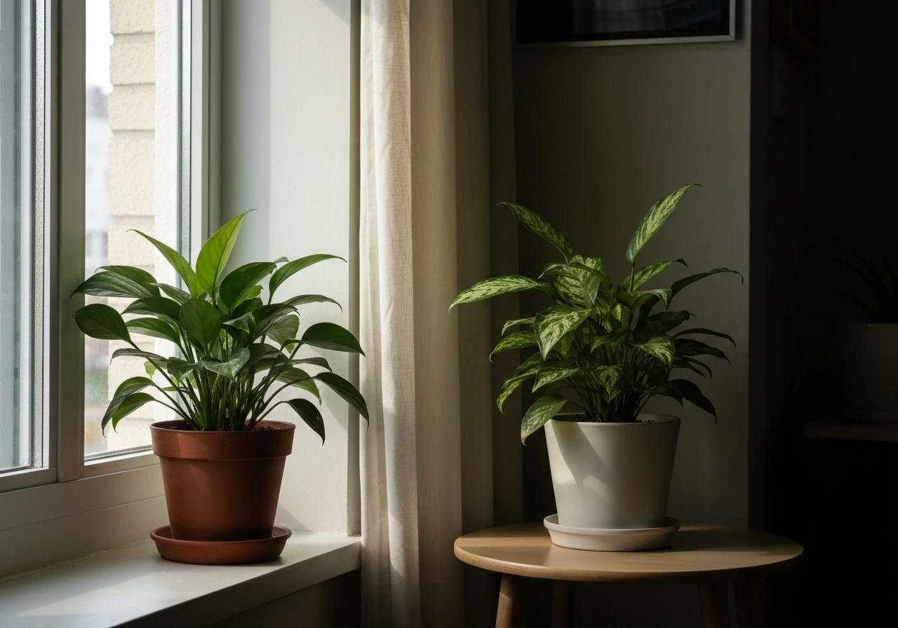 Two indoor potted plants positioned in bright and dim light to show matching plant to conditions.