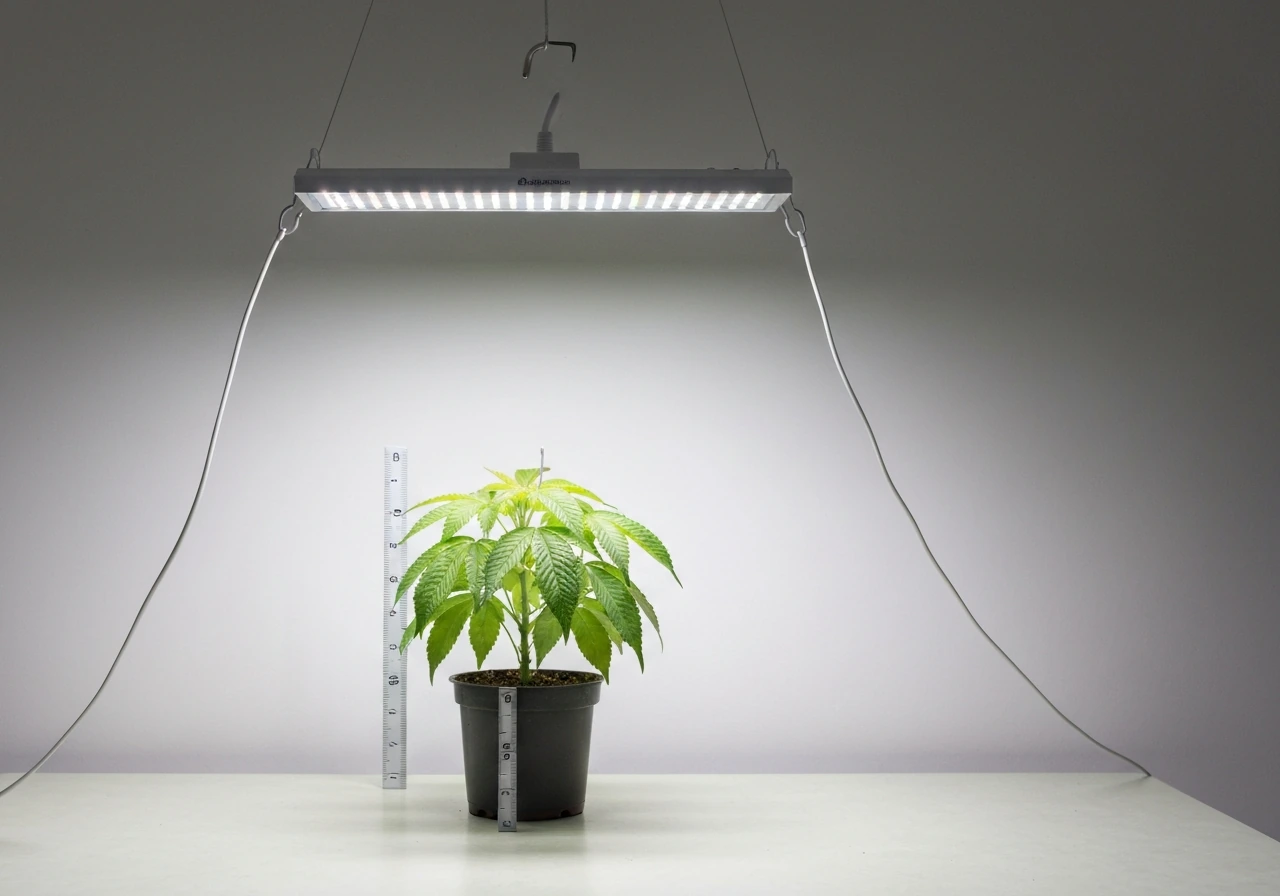 Minimal indoor grow light above a leafy plant, showing spacing and distance to the canopy.